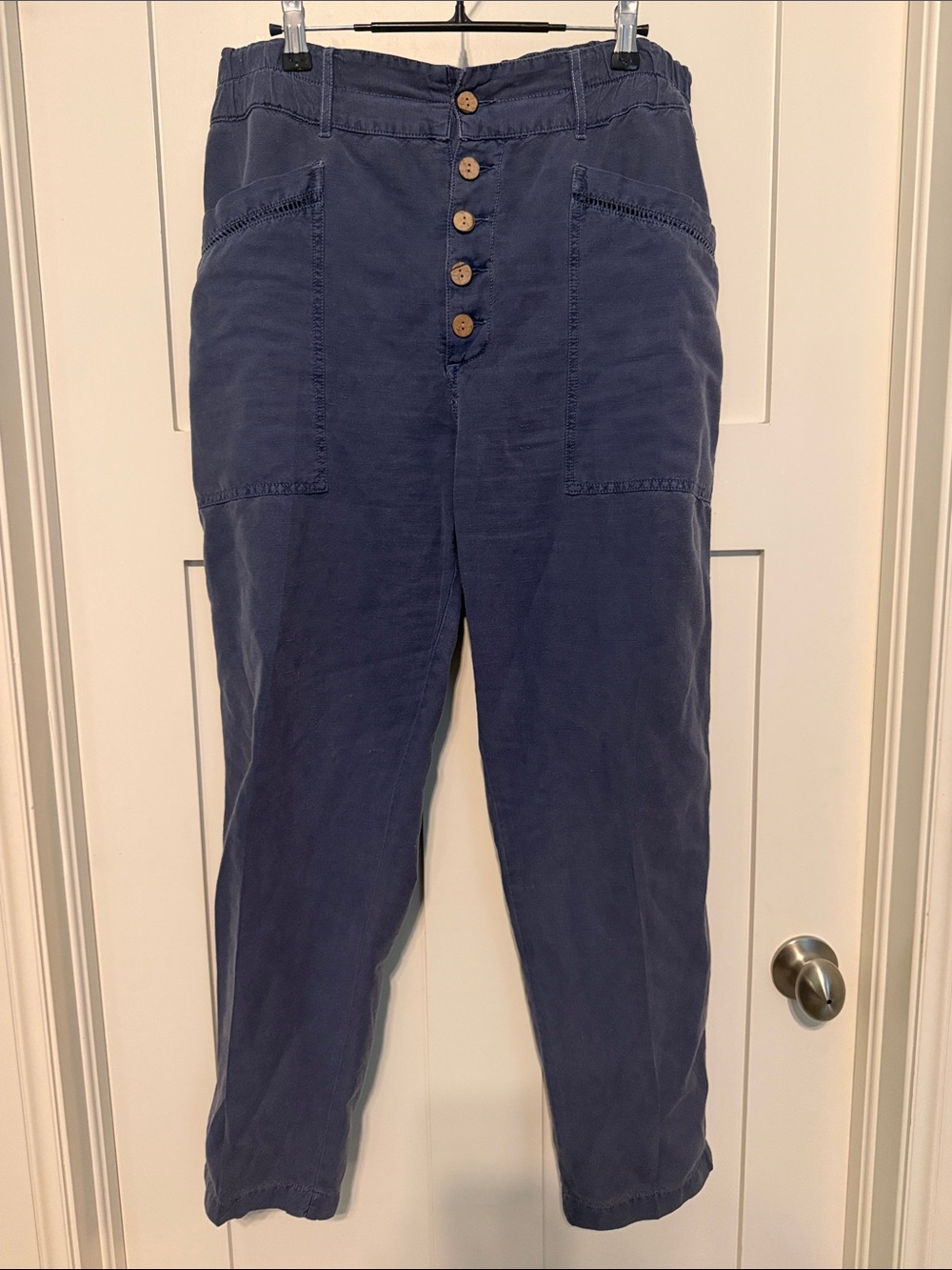 Sundance Linen and Cotton Blend Button-Front Slouchy Lagenlook Pants in Navy